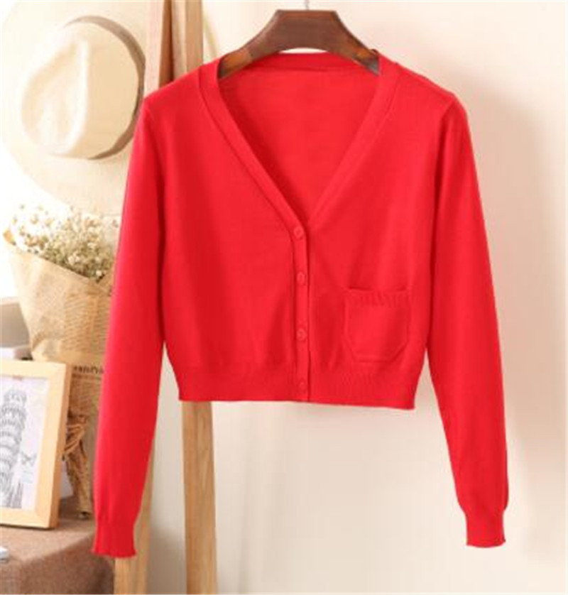 Cardigan court col en V pour femmes, manches longues, en coton, pulls, manteau fin, tricots de printemps