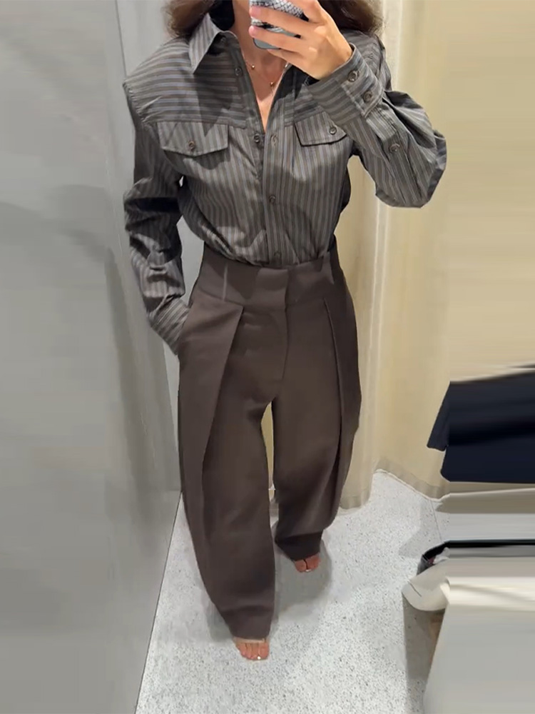 Ensemble chemise et pantalon droit décontracté pour femmes, rétro Chic, chemise cintrée à la taille, pantalon ample, tenues de rue classiques d'automne