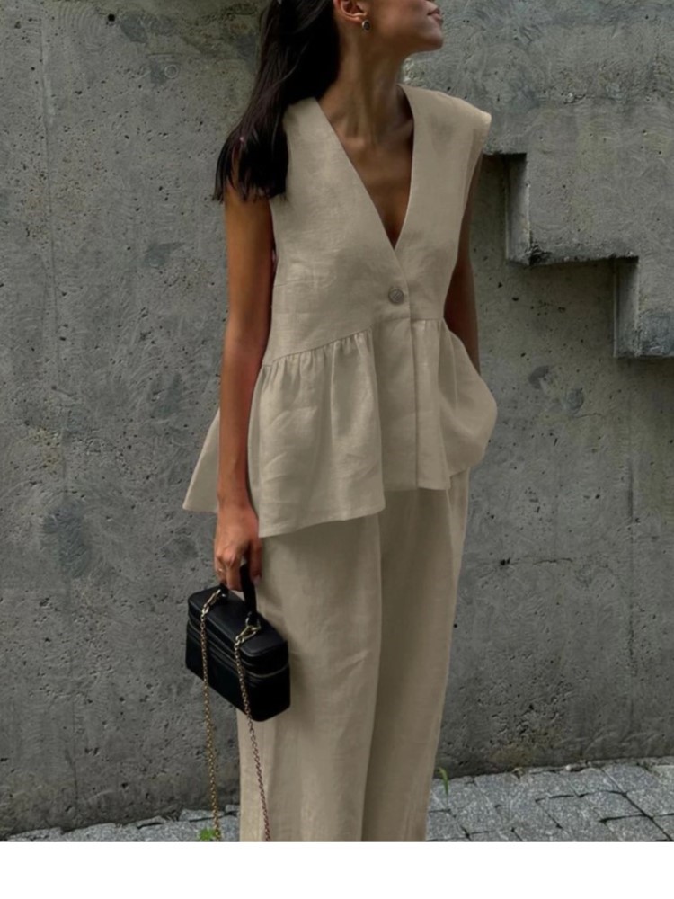 Ensemble deux pièces pour femmes, col en v, haut sans manches, gilet, pantalon à jambes larges, Simple, couleur unie, tempérament élégant, ensemble de transport, été