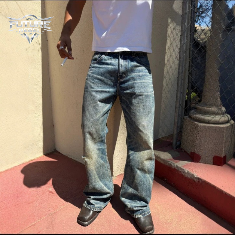 Jean pour homme vintage délavé et déchiré, coupe évasée, style Harajuku unisexe, coupe ample, effet moustaches de chat, effet froissé, coupe bootcut, streetwear Y2K, nouveauté