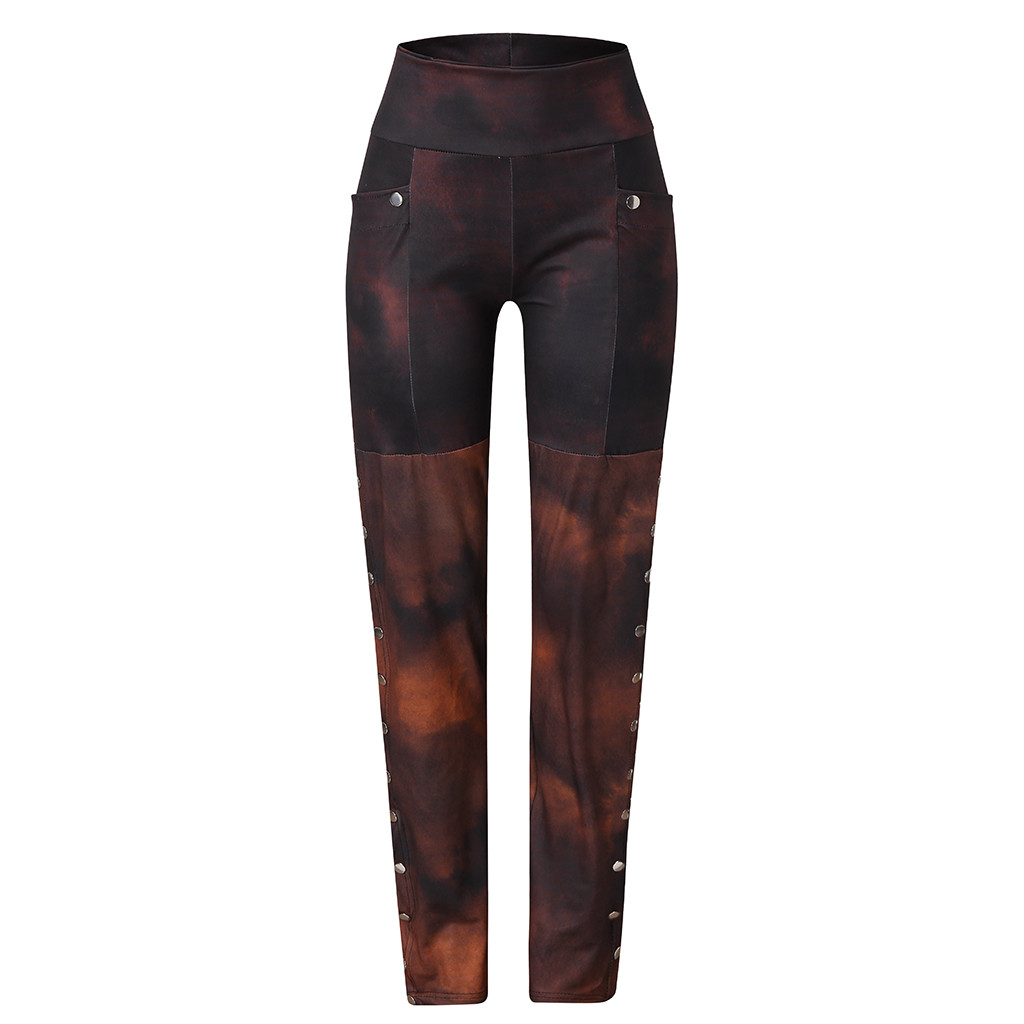 Pantalon Steampunk pour femmes, coupe cintrée, Rivets, Patchwork, bouton latéral extensible, pantalon crayon taille haute pour femmes