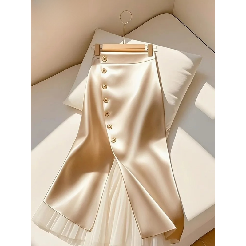 Jupes longues élégantes en Satin pour femmes, jupe Maxi en maille épissée, simple boutonnage, fente, nouvelle jupe pour les déplacements, 2025