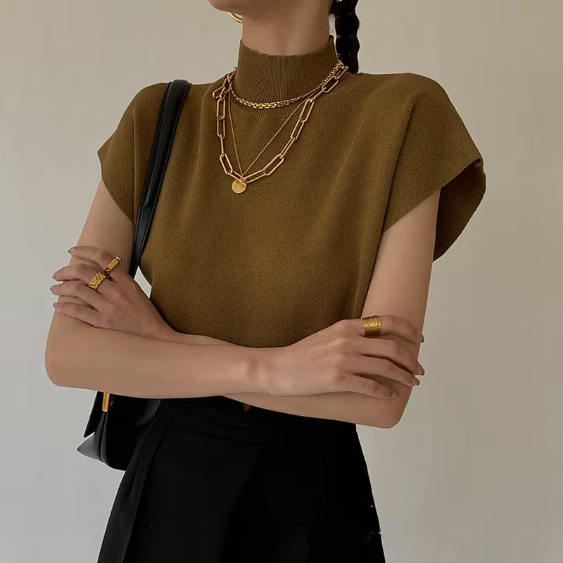 Mode col montant mince femmes tricoté gilet ample solide élégant hauts droits à manches courtes bureau dame t-shirt chemise ample