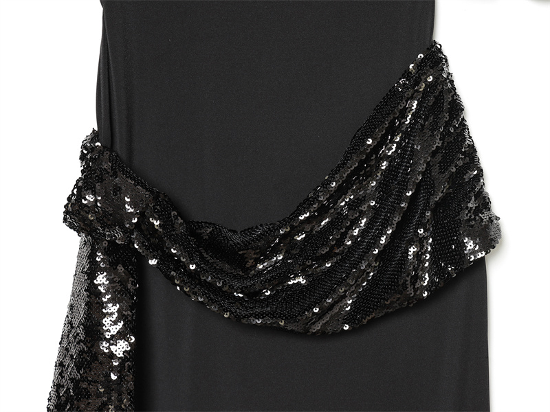 Robe femme 2025 hiver nouvelle ceinture noire à manches courtes décorée de paillettes robe mi-longue élégante et élégante