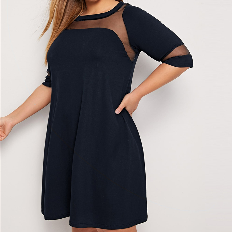 Robe trapèze élégante à demi-manches, grande taille, panneau en maille, couvertes et évasée, décontractée, travail, 5XL, 6XL, 7XL, printemps, automne