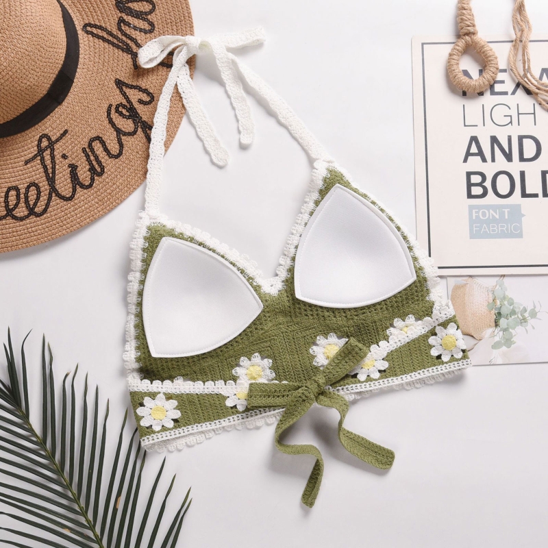 Haut de plage court en Crochet pour femmes, Sexy, style Boho, soutien-gorge col licou, tricot, dos nu, débardeur