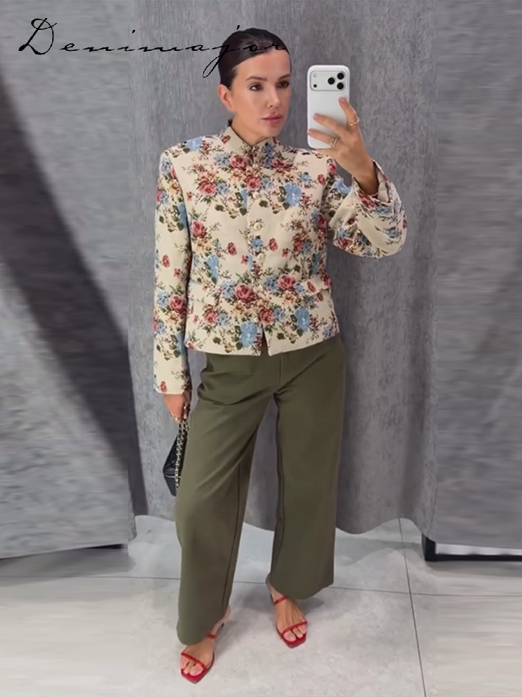 Manteau imprimé floral tendance pour femme, col montant, simple boutonnage, manches longues, coupe ample, nouvelle collection automne 2026, style vintage streetwear
