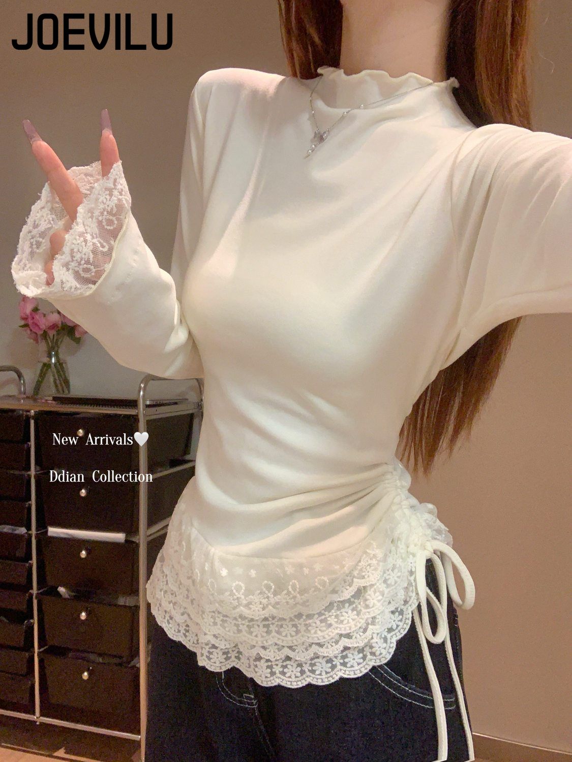 T-shirt brossé demi-col roulé en dentelle pour femmes, haut cintré à la taille avec cordon de serrage, doublure de printemps et d'automne, chemises de Base amincissantes