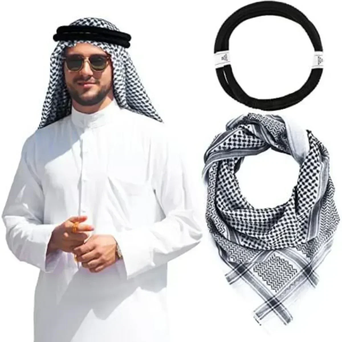 Arabe Shemagh musulman Keffiyeh tête enveloppement tactique désert tête cou écharpe militaire châle arabe écharpe chapeaux avec corde Agal