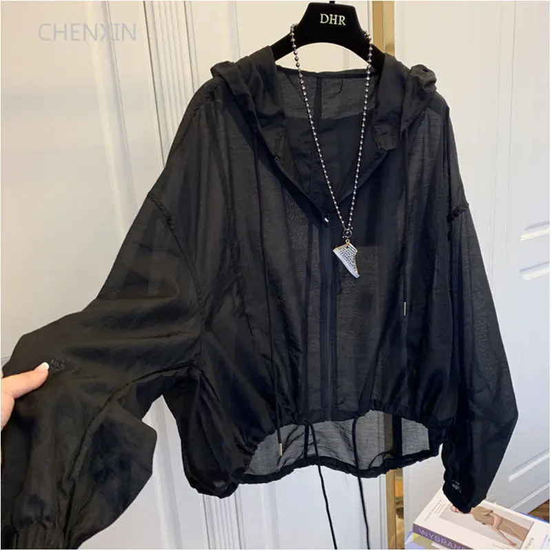 Vestes d'été à capuche pour femmes, manteaux à fermeture éclair résistants au soleil, fins, amples, transparents, vêtements d'extérieur respirants, vêtements légers noirs
