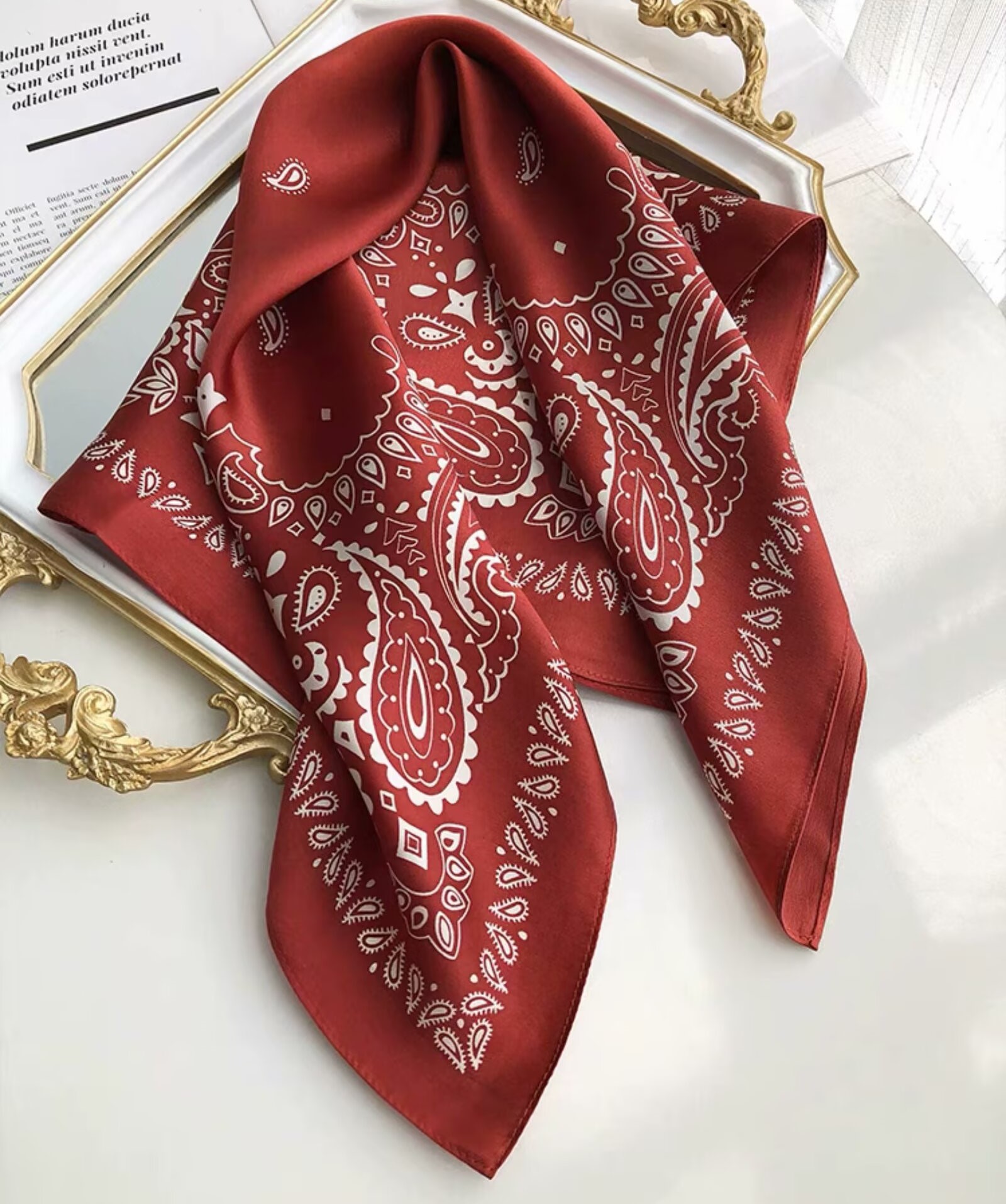 Écharpe 100% soie avec imprimé Paisley, bandana carré pour femme, écharpe rouge rétro classique, bandeau, petit châle, ceinture de taille