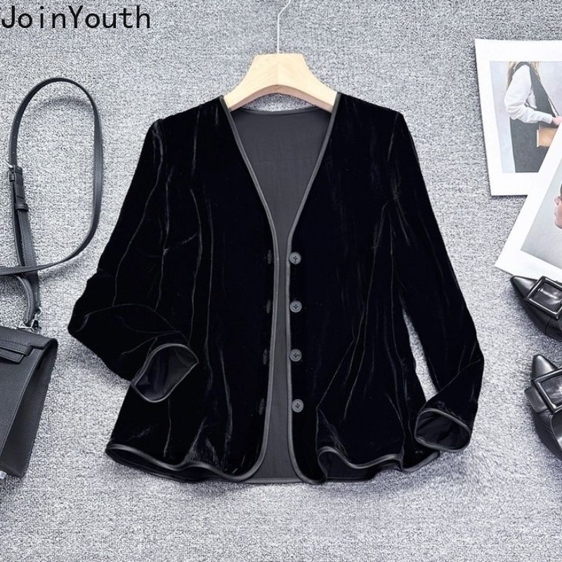 Vestes noires en velours pour femmes, vêtements d'extérieur Vintage de Style chinois, hauts surdimensionnés, col en v, manteaux de tempérament Chic, 2025