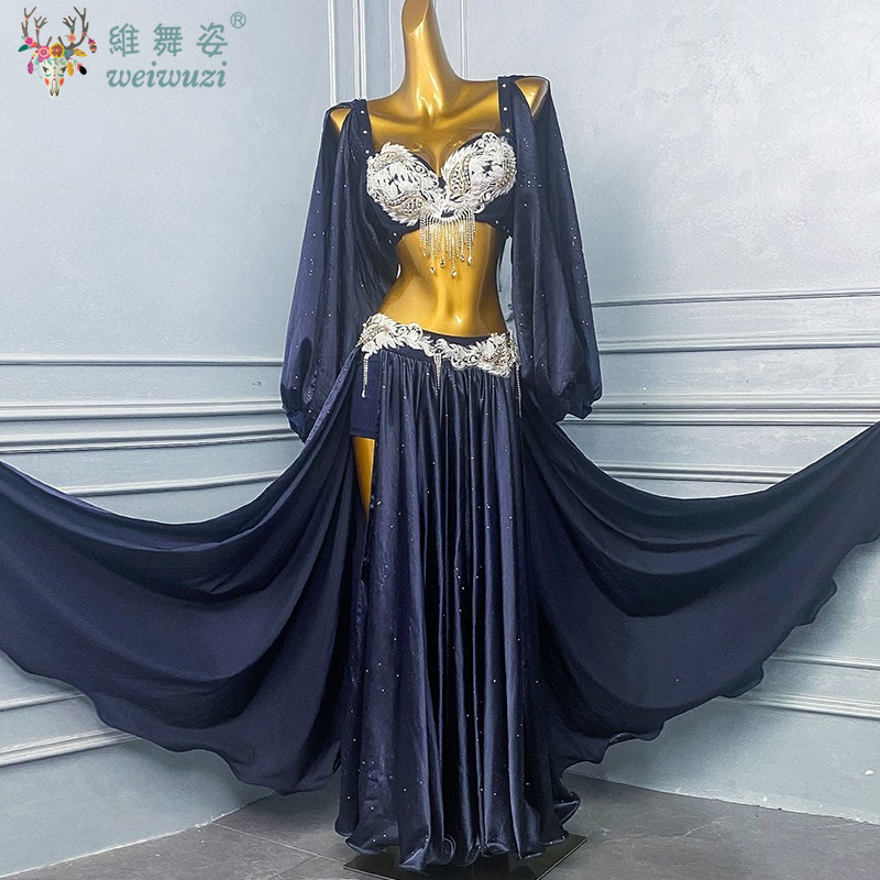 Ensemble de costumes de spectacle de danse du ventre pour femmes, soutien-gorge + jupe longue fendue en satin, 2 pièces, tenue de danse orientale personnalisée pour adultes et enfants