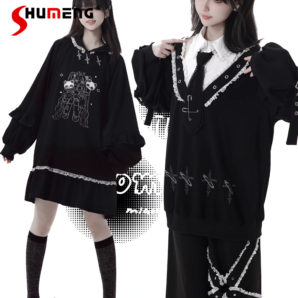 Highstreet doux Cool décontracté robe à capuche dessin animé imprimé broderie dentelle volants Patchwork à manches longues robe noire ample femmes