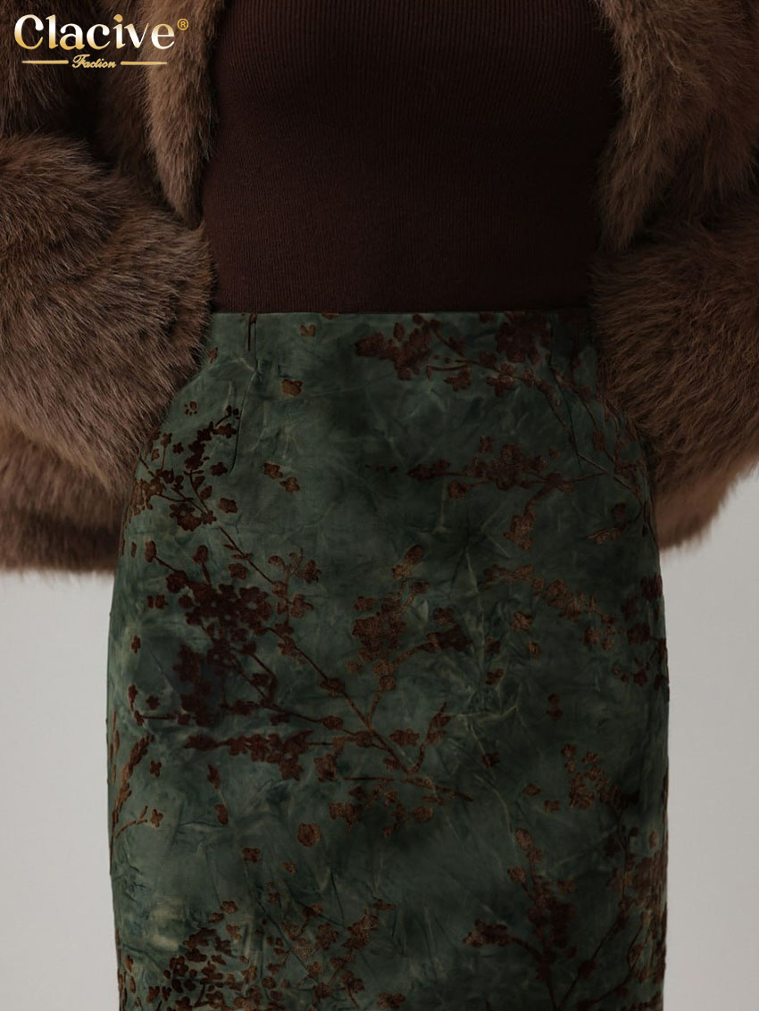 Clacive mode ample imprimé femmes jupe 2025 Vintage taille haute jupes mi-longues dames élégant classique jupe femme vêtements