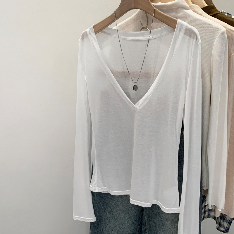 Nouveau T-shirt léger d'été pour femme à col en V et manches longues en fibre de Lyocell, chemise de base, protection solaire, coupe ajustée, polyvalent