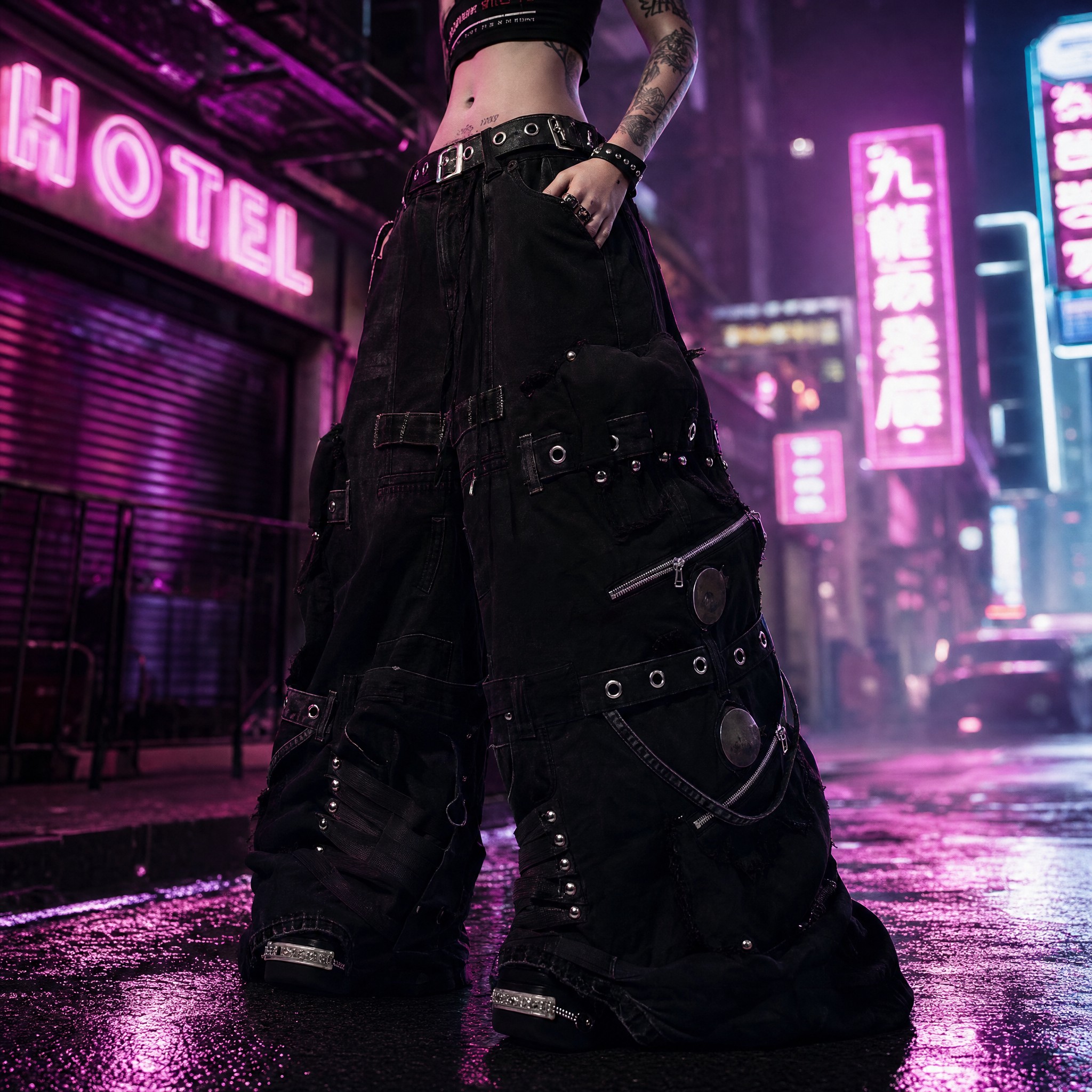Pantalon en jean noir déchiré unisexe Y2K avec plusieurs poches cargo, bretelles, détails zippés, style punk goth, coupe large et ample, streetwear