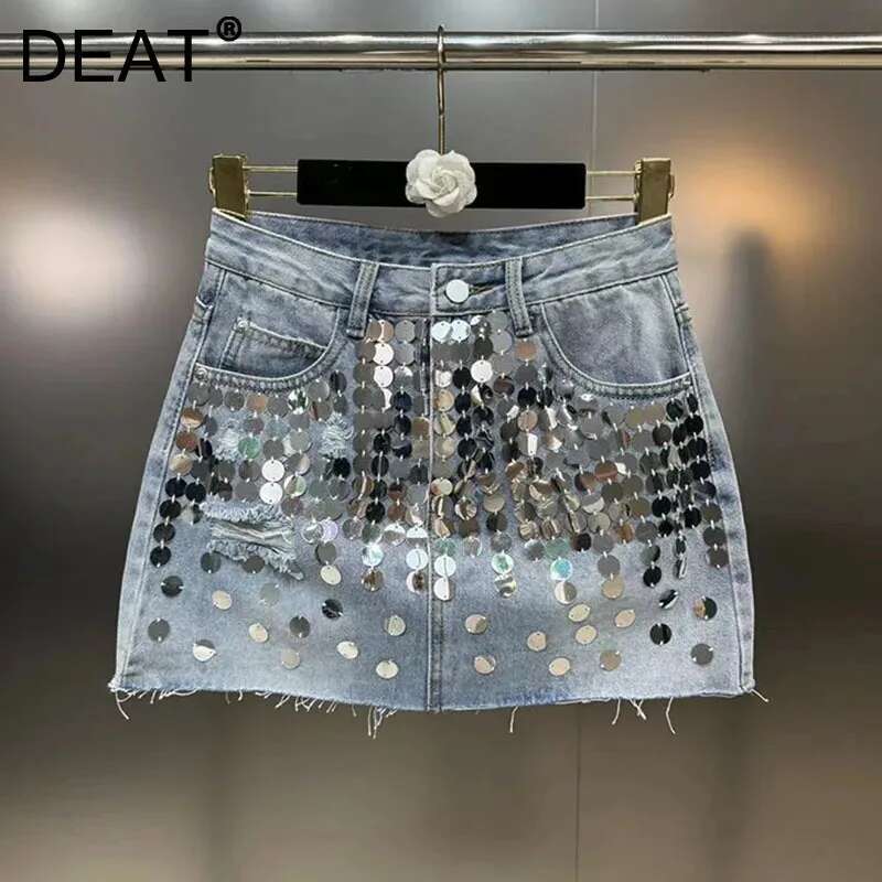 DEAT-Jupe en jean à sequins pour femmes, jupe taille haute, jupe ronde, mode femme, 29L7 clarification, été, nouveaux articles, 2024