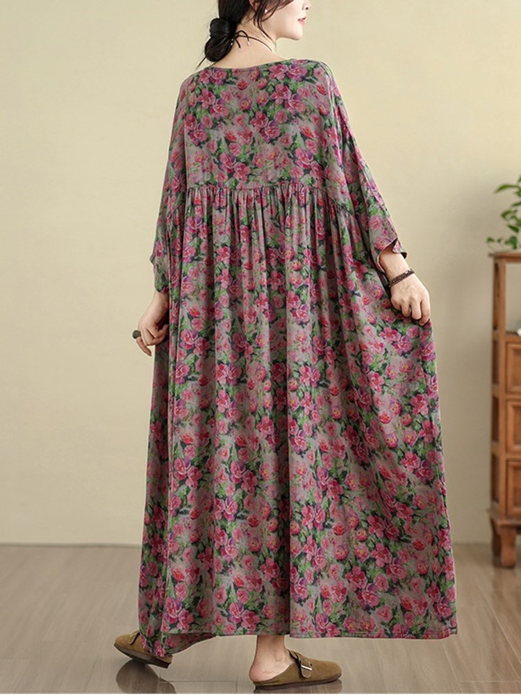 Surdimensionné coton vintage floral nouveau dans les robes pour les femmes décontracté ample longue printemps automne robe vêtements élégants 2025