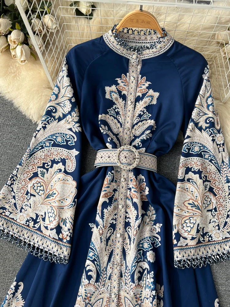 Robe longue imprimée Vintage pour femmes, col rond, manches évasées, robes élégantes, simple boutonnage, plissée irrégulière, Maxi, printemps automne