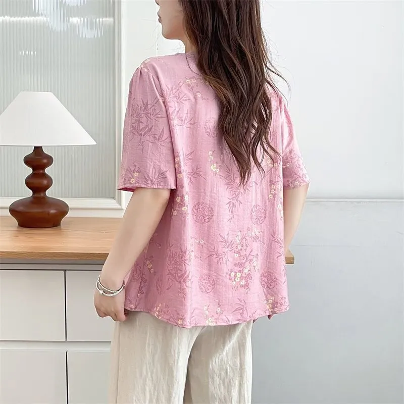Chemisier en lin pour femme, style vintage, imprimé bambou, col cheongsam, tunique décontractée à manches 3/4