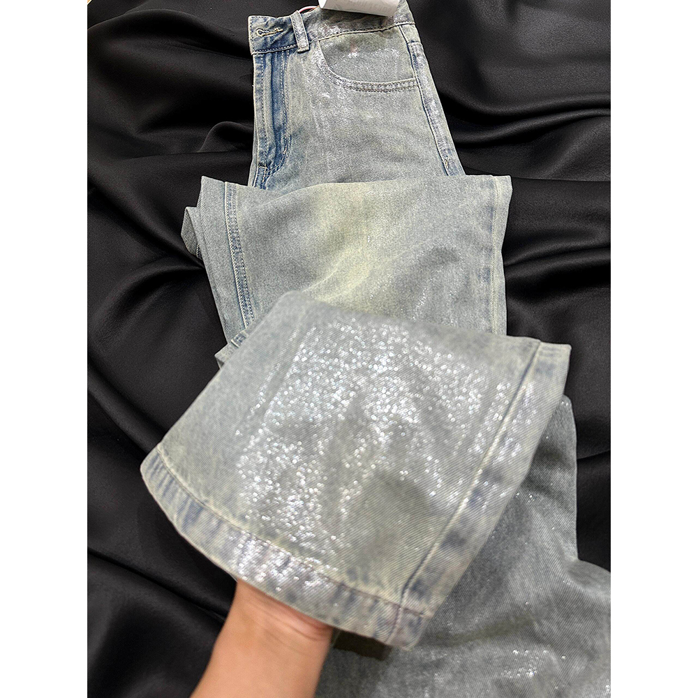 Jean tendance bleu argenté pour femme, printemps-automne, en denim brillant à sequins, streetwear, taille haute, coupe droite large
