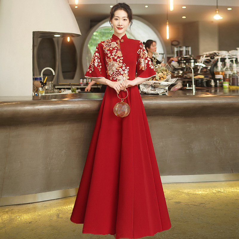 Qipao-Robe de mariée de style chinois avec broderie de fleurs, Cheongsam, robe de soirée, robe de banquet vintage, élégante et exquise