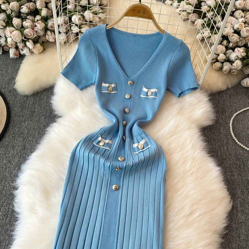 Robe longue élégante pour femmes, col en V, simple boutonnage, manches courtes, tambour, robes con, mode, fête, bureau, dame, éducatif, été