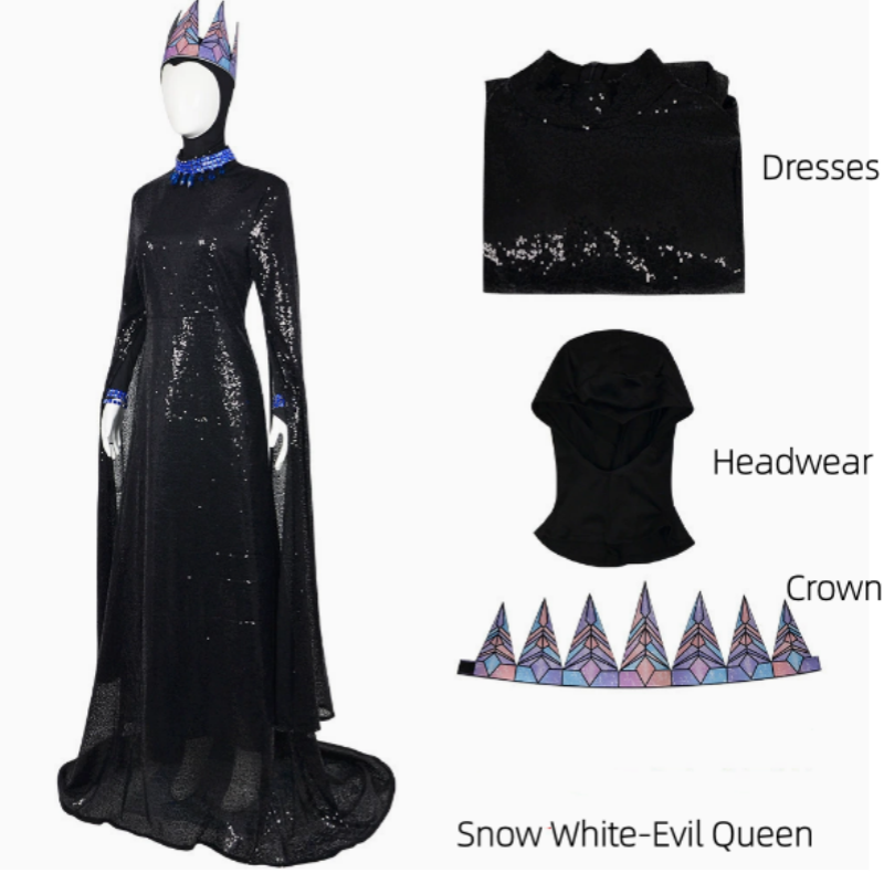 Costume de Cosplay Evil Queen Mère-épouse Blanche pour Femme, Robe Longue Noire, Couronne et Collier, Tenue d'Halloween, Déguisement de Spectacle
