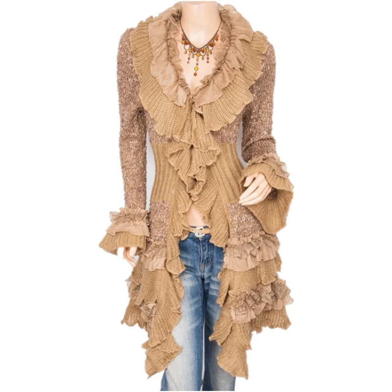 Cardigan long en tricot pour femme, veste mi-longue, manches évasées, dentelle à boutonnage simple, vintage