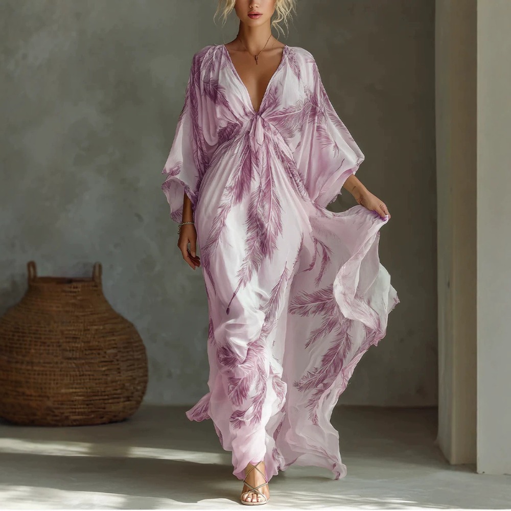 Robe longue à imprimé plumes pour femmes, col en V profond, manches trois-quarts, taille nouée sur le devant, ourlet fluide, robe longue bohème pour les vacances