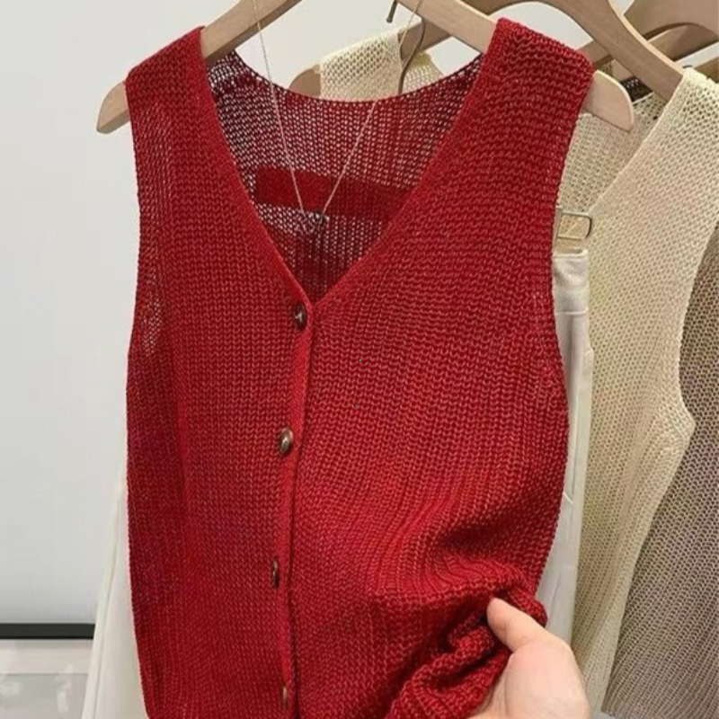 Gilet décontracté en coton et lin coréen pour femme, couleur unie, col en V, coupe ample, idéal pour l'été