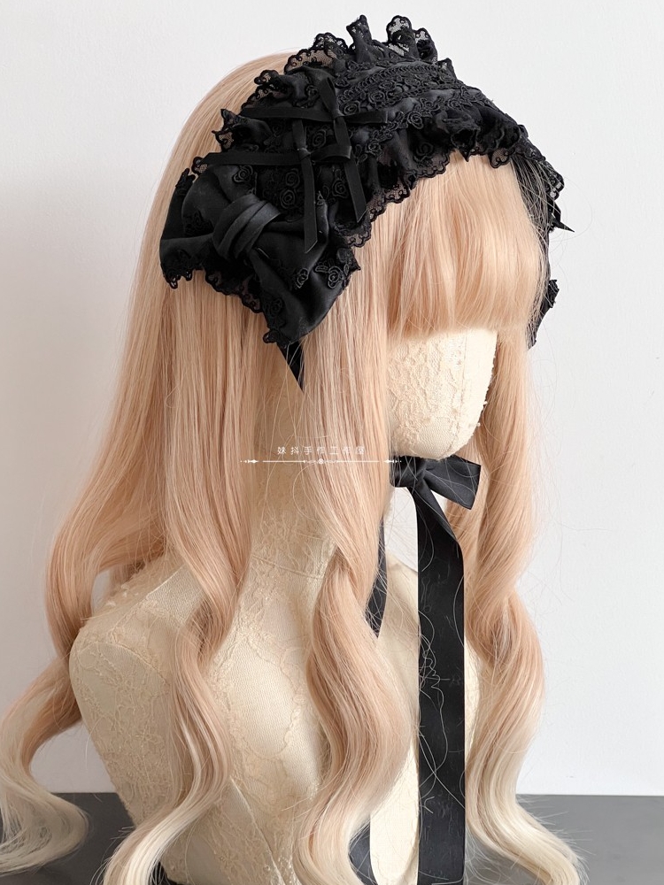 Accessoires pour cheveux Lolita originaux faits à la main, blanc et noir, coiffure rose bleu, bandeau en dentelle avec nœud Kc