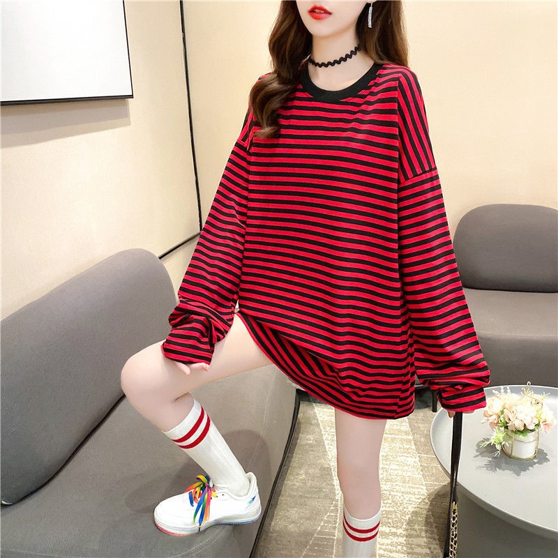 KOSAHIKI – T-shirts à manches longues pour femmes, T-shirts amples rayés, hauts surdimensionnés, décontractés, de Style coréen, tendance, Ulzzang, printemps-automne