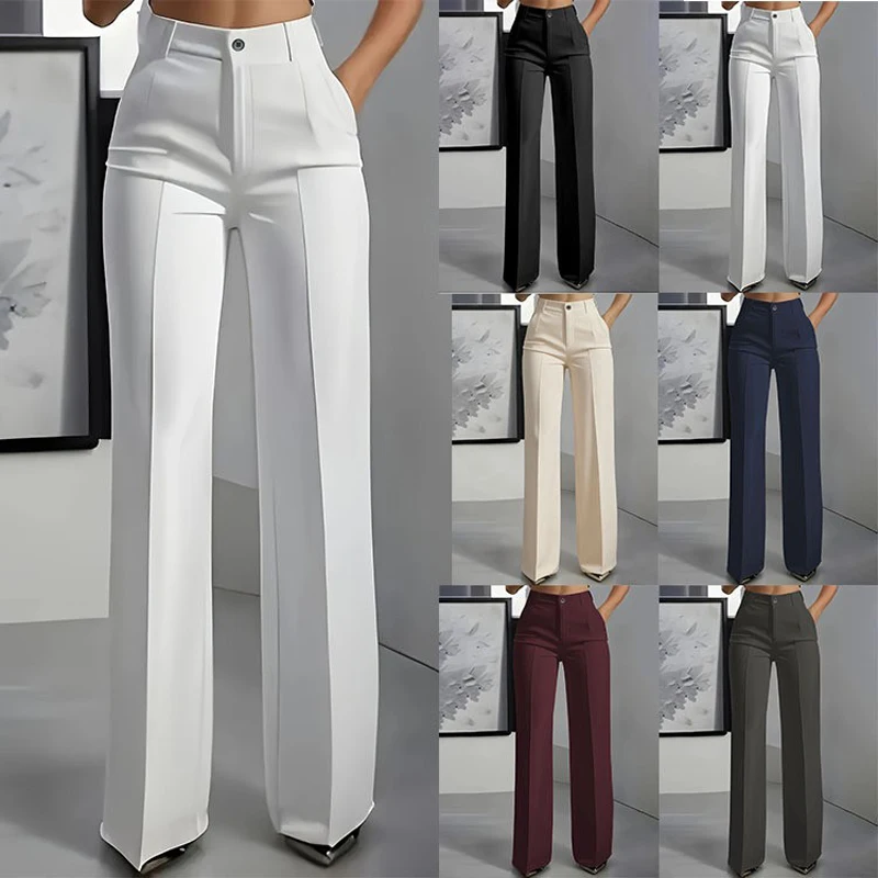 Pantalon de costume taille haute coupe droite pour femme, pantalon de bureau formel, coupe ajustée, couleur unie classique