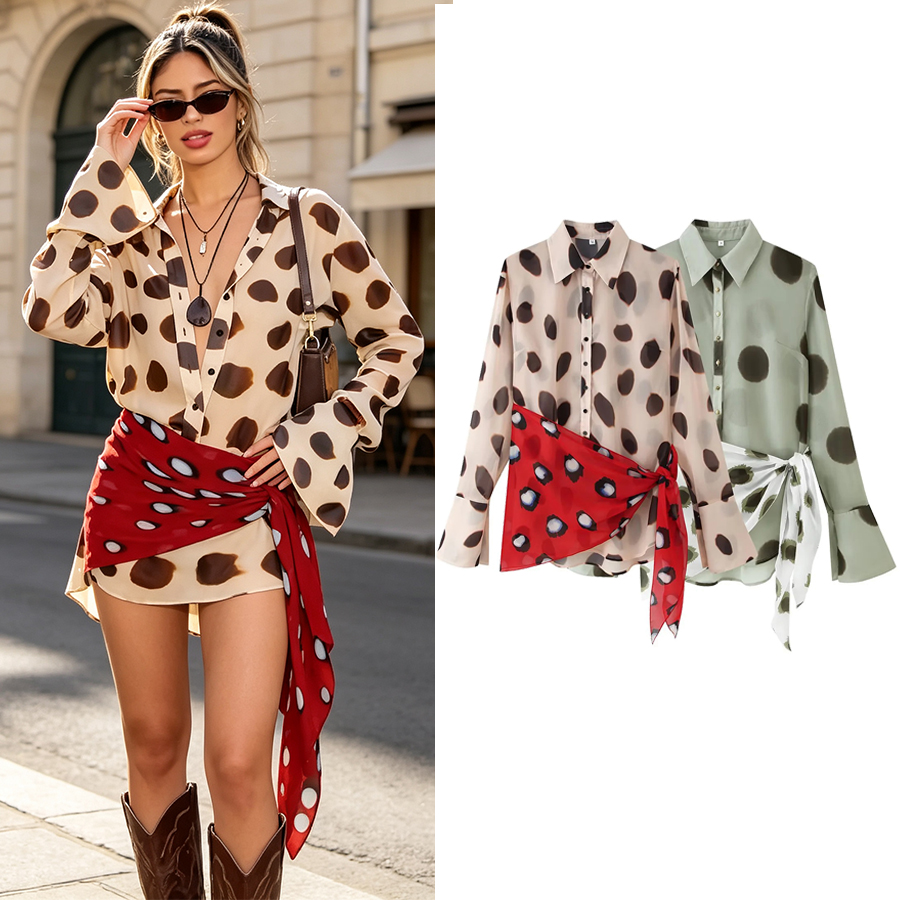 Robe patchwork pour femme avec bretelles en foulard de soie, style festival de musique, sexy, à simple boutonnage, manches longues, imprimé pois, pour femme élégante