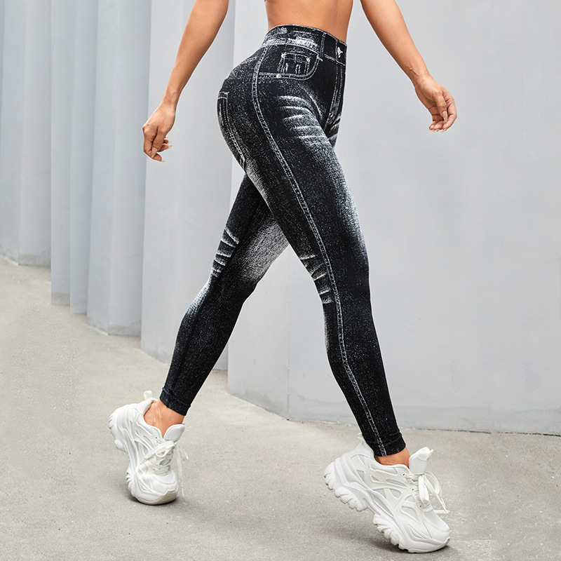    Leggings de Yoga de Sport pour femmes, Faux jean, slim, serré, sans couture, pantalon d'extérieur pour Fitness