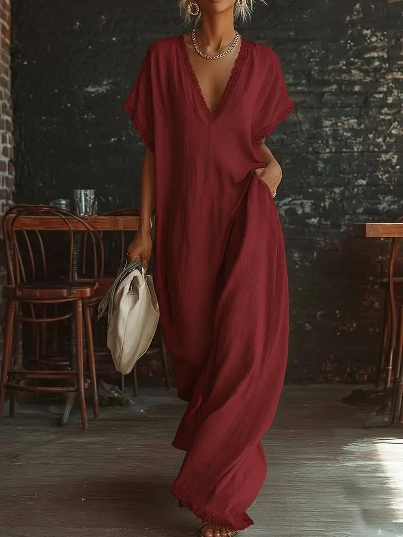Robes décontractées pour femmes Tendances 2026 Robe longue ample sexy à col en V et dentelle Manches courtes d'été Robe longue bohème pour les vacances