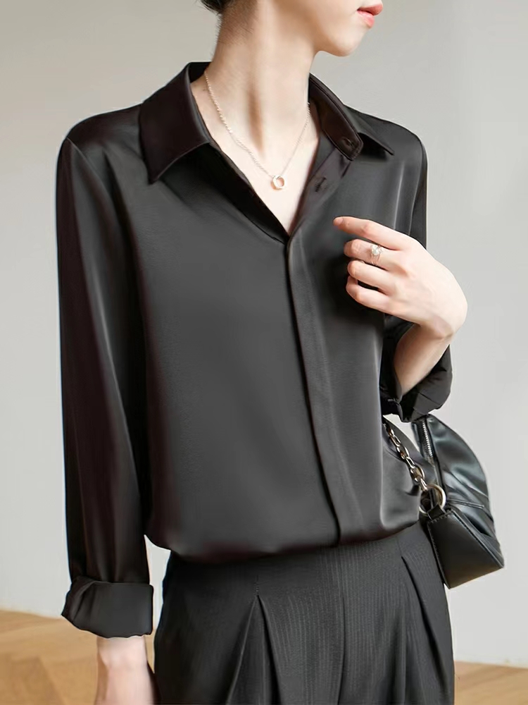 Chemisier en Satin à manches longues pour femmes, mode française, chemises de couleur unie, vêtements de bureau élégants pour dames, vêtements coréens pour dames