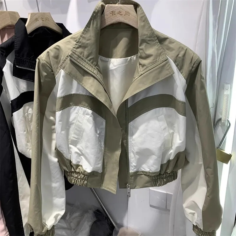 Manteau court pour femmes, Design Sense, col montant, vêtements d'extérieur pour dames, couleurs contrastées, veste à la mode, printemps-automne 2025