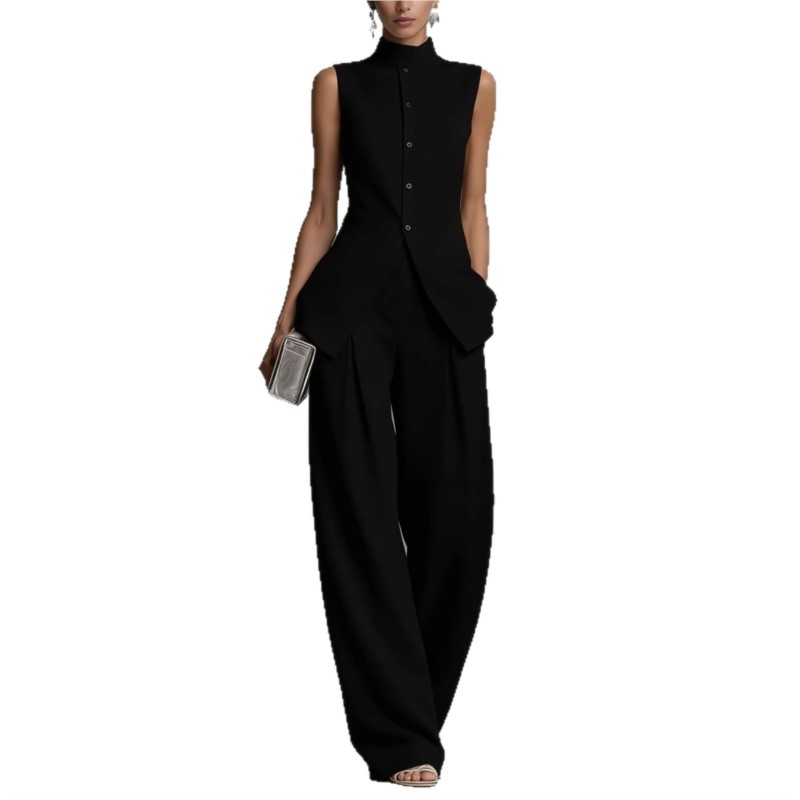 Nouvel ensemble de costume en coton et lin uni pour femme : haut sans manches à col roulé et pantalon taille haute, tenue ample boutonnée printemps-été
