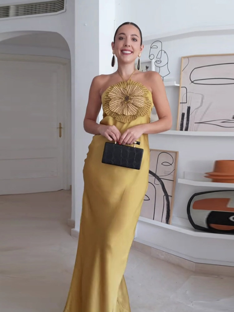 Robe de Soirée Élégante pour Femme, Robe Sirène en Satin à Fleurs 3D, Col Halter, Sans Manches, Dos Nu, Collection Été 2026, Chic et Tendance