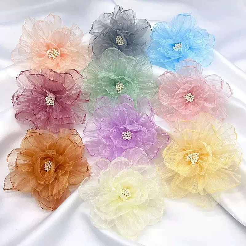 Fleurs en satin et organza de 9 cm pour accessoires de coiffure DIY, fleurs en tissu, fleurs en mousseline, accessoires pour cheveux sans pinces, nœuds, lot de 5 pièces