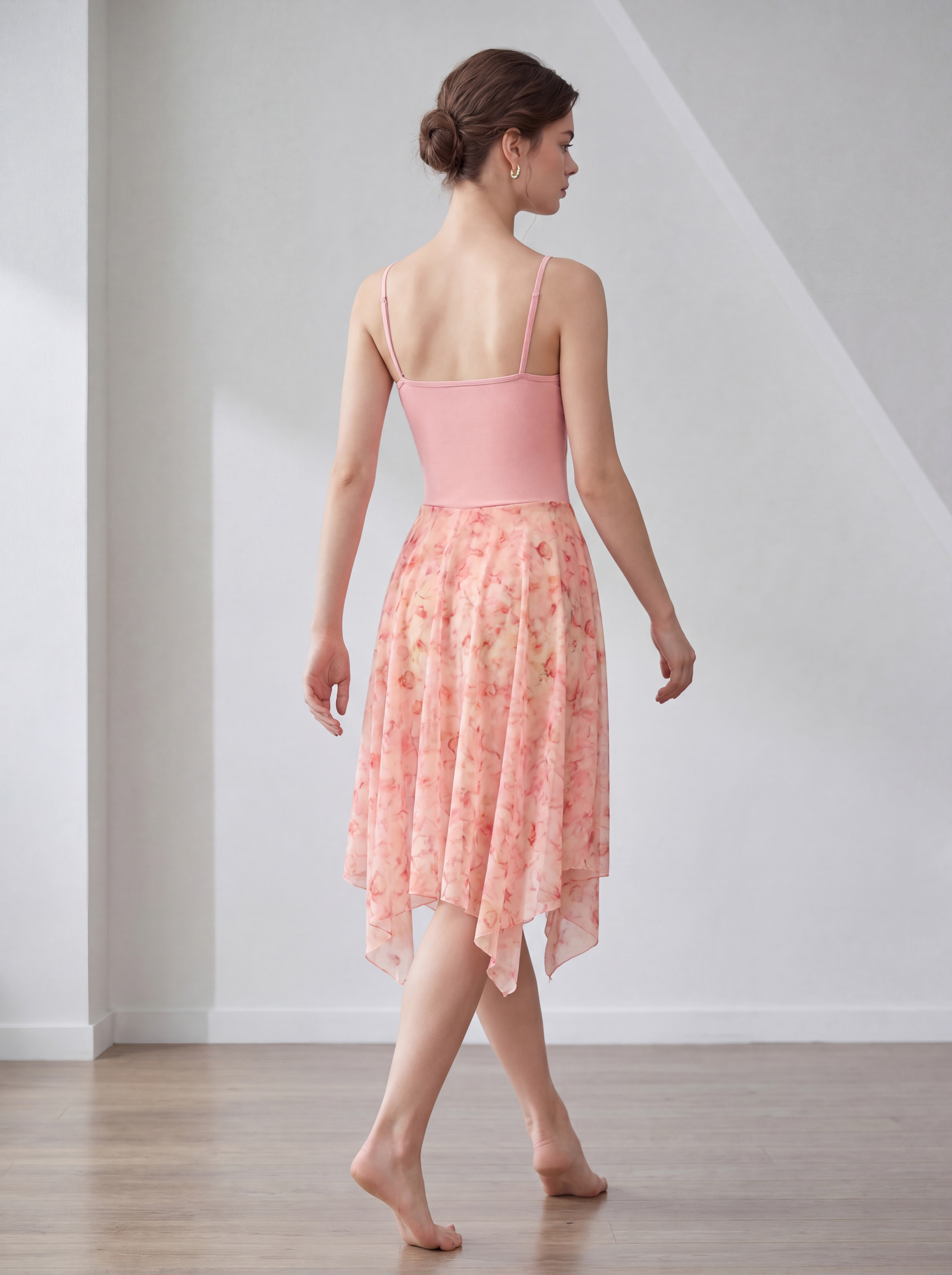 Costume de danse lyrique pour femmes, robe de danse contemporaine en maille imprimée 20D, asymétrique, fluide, col en V, vêtements de danse de ballet
