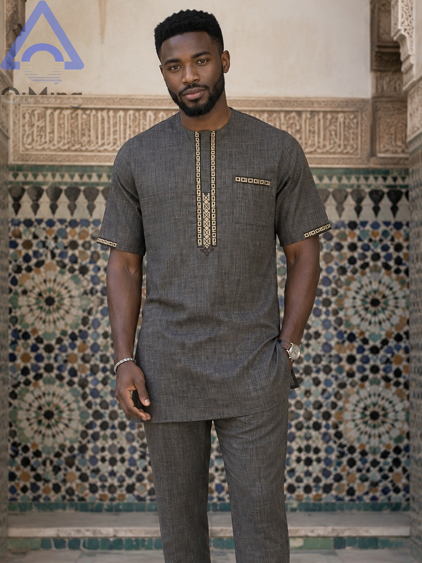 Vêtements de mariage musulmans pour hommes QiMing, ensemble deux pièces en coton blanc, boubou brodé et caftan rayé, tenue de prière modeste marocaine