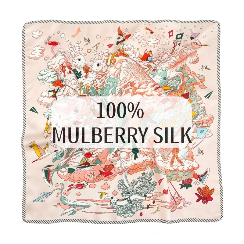 Foulard carré 100% soie de mûrier, imprimé conte de fées surréaliste, rose nude, foulard élégant pour femme, bandana polyvalent