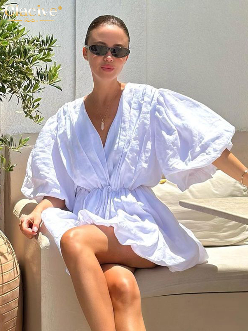 ClacMarkets-Mini robe décontractée en coton blanc pour femme, col en V, manches courtes, élégante, classique, taille haute, été