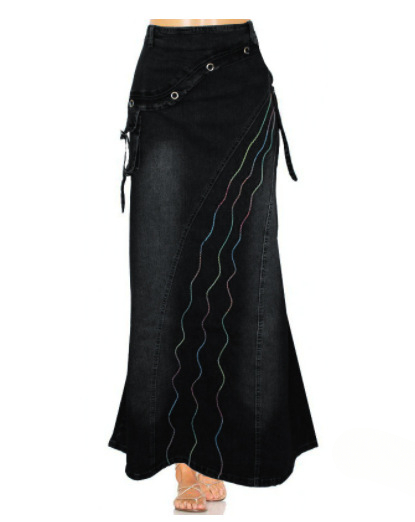 Jupe longue taille haute en denim pour femme, imprimé vintage, tempérament, patchwork, poche, grande balançoire, jupes en queue de poisson pour femme, automne, 2024