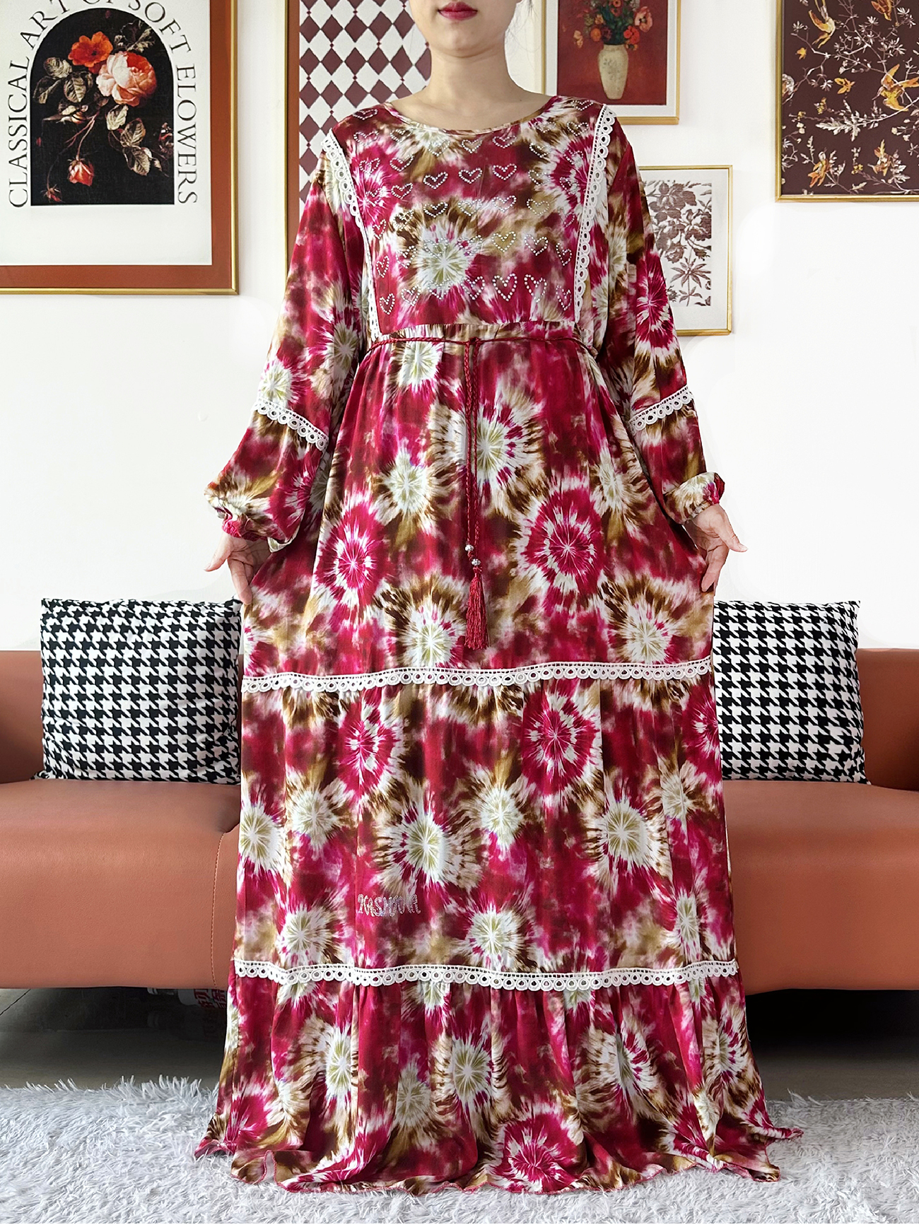 Nouvelle Robe de Soirée Kashkha pour Femme avec Grand Foulard, Abaya Florale en Coton, Boubou Africain, Kaftan Ample Musulman, Robe Longue pour le Ramadan