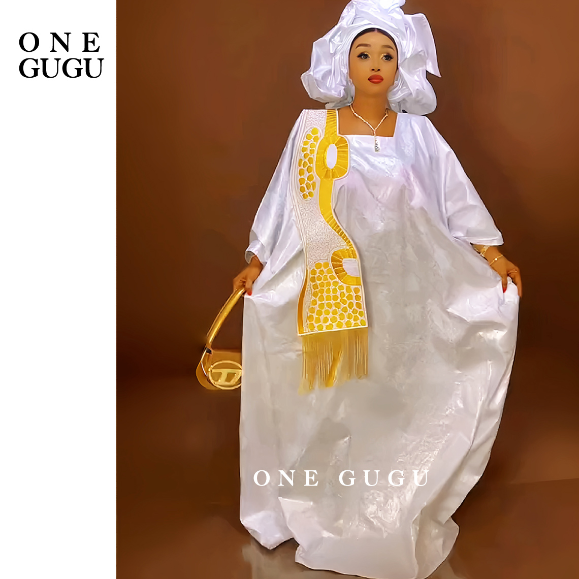 Mariage traditionnel africain Bazin Riche Boubou et écharpe avec des glands blanc et or broderie bassin Dashiki robes nigérianes